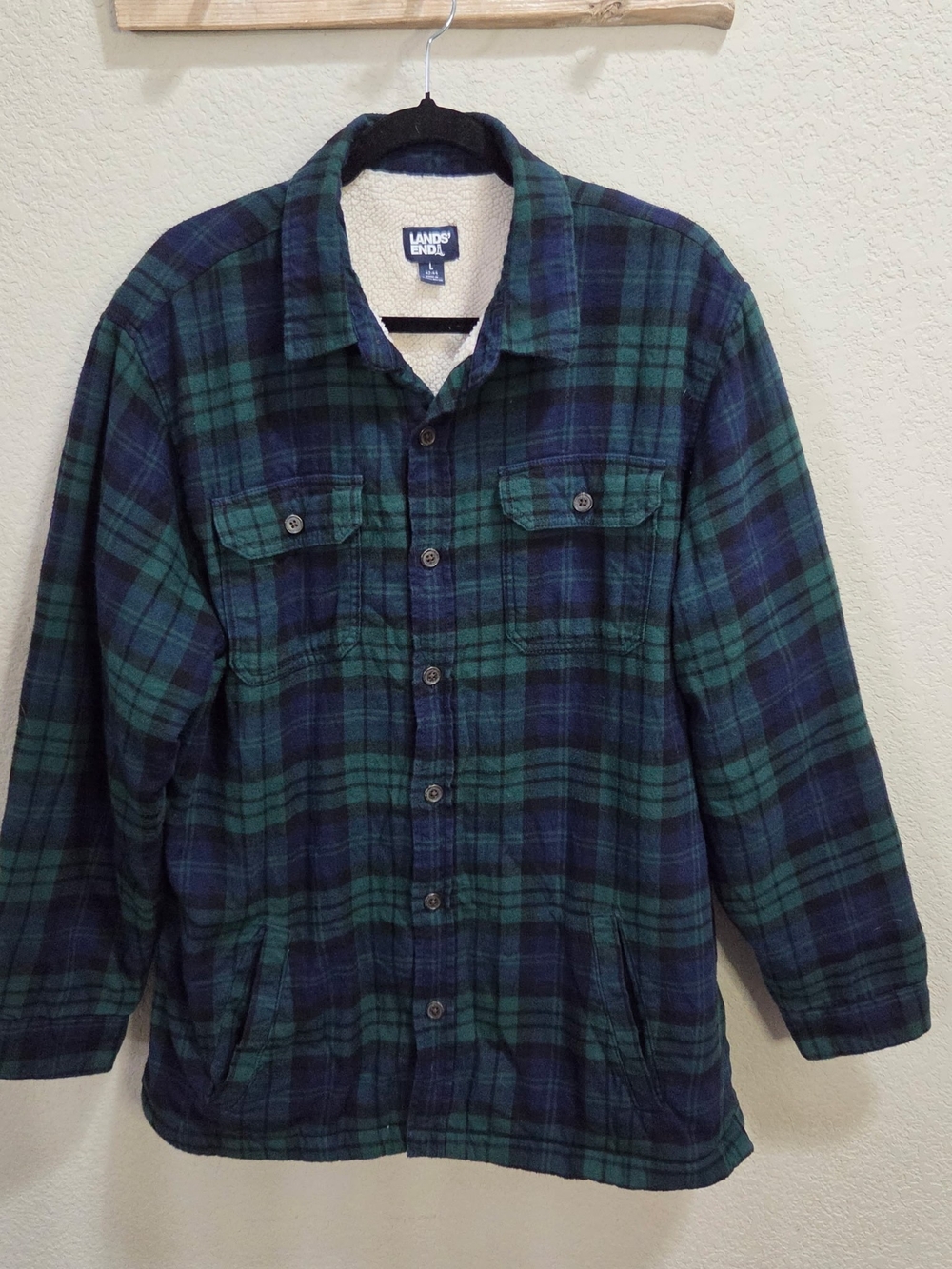 Lands' End Green and Navy Plaid Sherpa-Lined Shirt Jacket